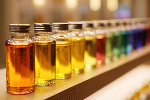 A carefully arranged collection of vibrant essential oils and serums sits on a wooden shelf in a tranquil spa setting, creating an inviting and serene atmosphere for relaxation photo