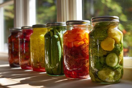 Freshly canned vegetables and fruits sit lined up on a bright windowsill, showcasing vibrant colors. Sunshine streams in, highlighting the different textures and hues of the jars photo