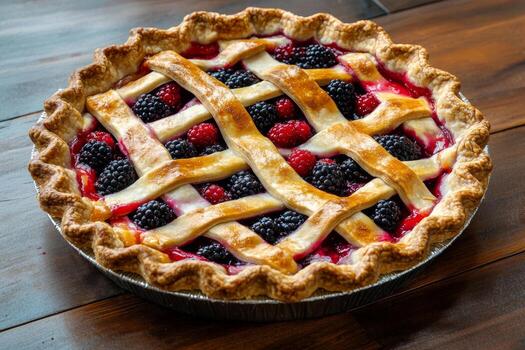 A beautifully crafted rustic pie showcases a lattice crust filled with fresh berries. The pie is placed on a wooden table, highlighting its inviting colors and textures photo