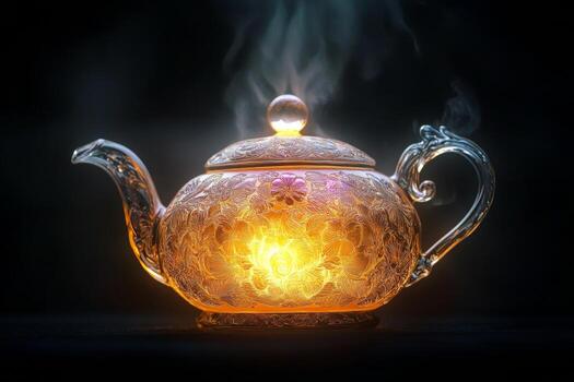 Bright steam rises from an intricately designed teapot, showcasing delicate patterns and an inviting glow. The dark background enhances its warm colors, creating an enchanting atmosphere photo
