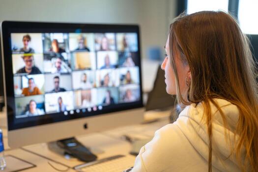 A student focuses on their computer screen displaying a virtual gathering of peers, all collaborating on an educational project in a modern workspace photo