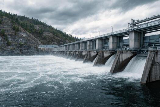 A team of engineers evaluates a massive hydroelectric dam surrounded by mountains as water rushes through the spillways under overcast skies. The activity occurs in a power generation facility photo
