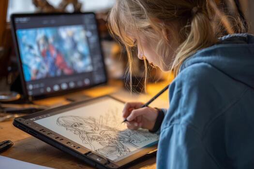 In a cozy workspace, a teenager focuses on a sketch while following live instructions displayed on a tablet. The environment fosters creativity and learning photo