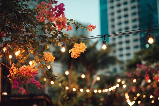Colorful flowers hang from branches, illuminated by string lights in a lively outdoor area. The urban backdrop features tall buildings, enhancing the enchanting twilight ambiance photo