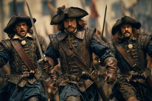 Three determined musketeers charge forward with swords drawn, embodying courage and valor. Their expressions reflect a fierce commitment as they engage in battle on a historic battlefield photo