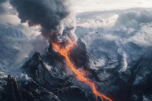 Lava cascades down the mountainside as thick clouds of smoke billow into the sky during an active volcanic eruption. The rugged terrain is illuminated by the fiery flow, creating a dramatic contrast photo