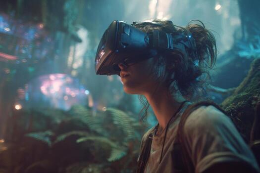 Gamer experiences a captivating 3D fantasy realm while wearing a VR headset. Holographic interfaces illuminate her surroundings in a lush, mystical environment, fully engaging her senses photo