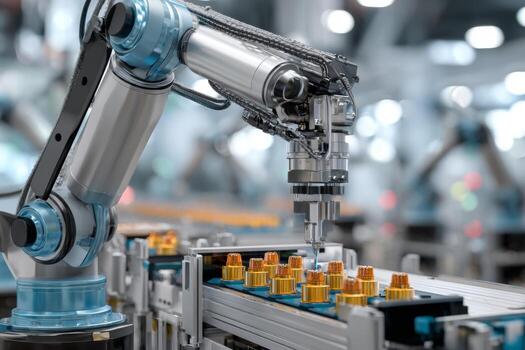 An industrial robot is actively performing quality inspections on various products moving along an automated assembly line in a high-tech manufacturing facility photo