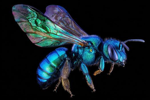 A macro view reveals the stunning iridescent colors of a blue insect. The intricate wing patterns and body features highlight the beauty of nature. This insect is captured against a dark background photo