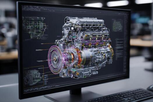 A close-up view shows a 3D model of a car engine rotating on a computer display. The model includes technical annotations for detailed understanding in a modern workspace environment photo