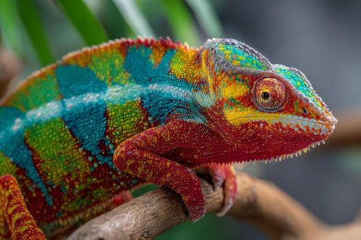 A colorful chameleon perches on a branch, displaying bright scales of blue, green, and red. It blends into the lush foliage of a tropical environment, enjoying its surroundings photo