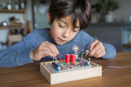A child concentrates on connecting wires and components in a science experiment focused on electricity. The activity takes place at home, showcasing curiosity and learning photo