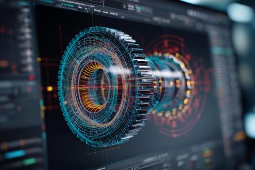 A detailed close-up of complex 3D modeling software showcases a rotating wireframe of a mechanical part. The display features vibrant colors and intricate designs, highlighting advanced graphics photo