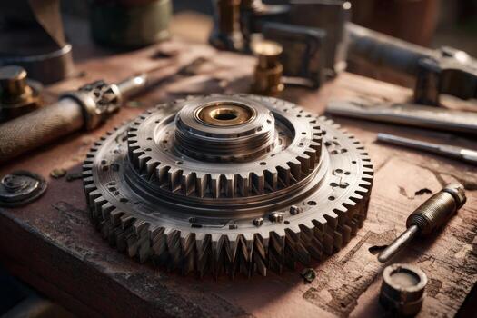 Close-up view of a cog and gear assembly on a workstation. Various industrial tools are scattered around, showcasing the intricate details of machinery and craftsmanship photo