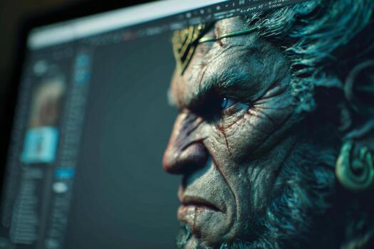 Close-up view of a digital artists screen displaying detailed 3D character modeling for a game, highlighting intricate textures and realistic features of the character photo
