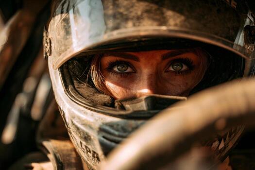 A determined driver in a racing helmet stares ahead with intense focus. Dust and dirt are present, indicating the off-road racing atmosphere. The setting is rugged and energetic photo