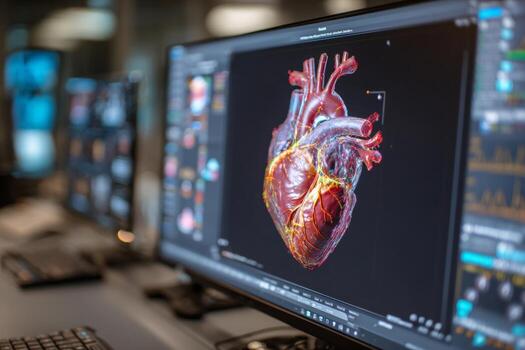 High-tech medical workstation displays a vivid 3D model of a human heart reconstructed from CT scans. The workstation is equipped with advanced imaging technology and analysis tools photo