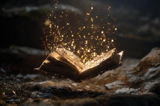 A spellbook floats effortlessly above the ground, its pages aglow and turning by themselves. Surrounding it are shimmering sparkles, creating a mystical atmosphere in a serene forest setting photo
