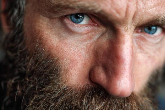 A man with a full rugged beard and striking blue eyes gazes intensely. His facial features are illuminated by soft natural lighting, highlighting the textures and details of his face photo