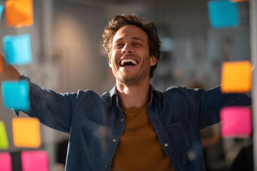 A person is excitedly sharing innovative ideas in a bustling co-working space filled with colorful sticky notes. The atmosphere is lively and collaborative, perfect for creativity photo