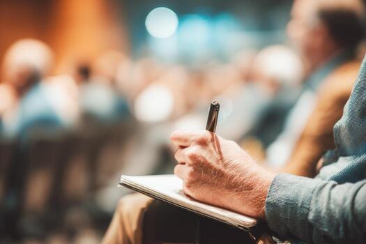 Participant engaged in a seminar takes notes attentively while seated among others. The atmosphere is focused and conducive to learning photo