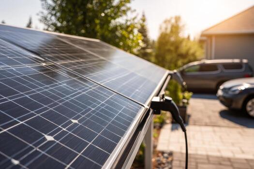 Close-up view of a solar panel array installed near a rural residence, efficiently powering an electric vehicle charging station in the driveway as the sun sets photo