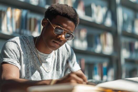 A young black man is concentrating on his studies in a library, writing notes with intent. He wears sunglasses and is surrounded by shelves filled with books, creating an academic ambiance photo