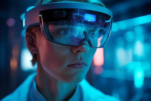 A young person is immersed in a tech-focused environment, wearing augmented reality goggles while interacting with digital overlays in a high-tech laboratory at night photo