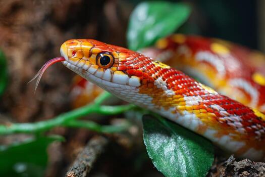 A vibrant corn snake with striking orange and yellow patterns lounges among green leaves in its natural setting, capturing sunlight while flicking its tongue photo