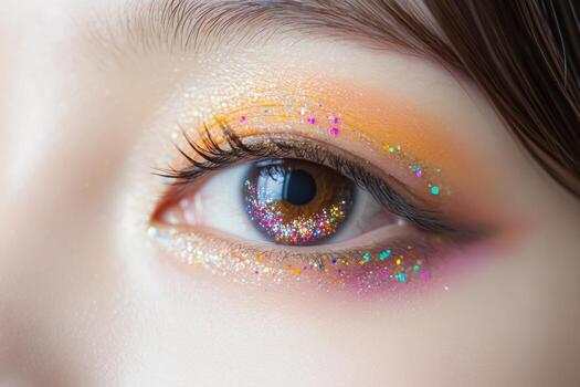 A vibrant eye adorned with colorful artistic makeup features sparkling details, emphasizing creativity and beauty. The close-up reveals intricate patterns and hues, captivating the viewer photo