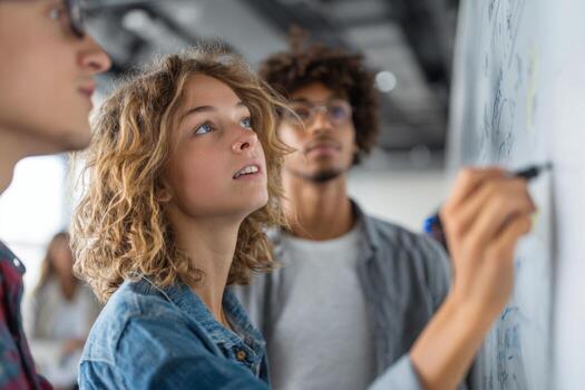 In a bright learning environment, a young person passionately explains ideas on a whiteboard while classmates attentively listen during a group study session photo