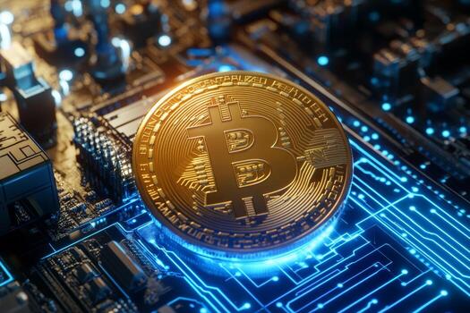 A golden Bitcoin coin glimmers amidst a complex digital matrix filled with intricate circuitry and a vibrant blue glow, showcasing the fusion of currency and technology photo