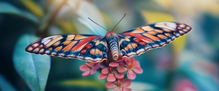 A butterfly with intricate patterns showcases its colorful wings fully open atop a delicate flower. Natural light enhances the vibrant hues and fine textures, creating a captivating display of nature photo