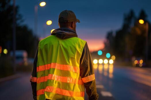 A traffic control worker wearing a reflective vest stands on the side of a busy road as twilight approaches photo
