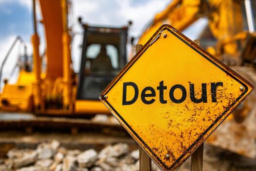 un brillante amarillo desvío firmar soportes prominentemente a un construcción sitio, con grande excavación equipo visible en el fondo, indicando trabajo en la carretera en Progreso durante luz horas foto