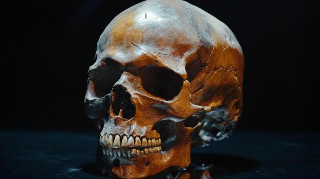 This striking skull avatar reveals fine details of its surface and structure. The lighting highlights various textures, creating a captivating visual effect that is both eerie and fascinating photo