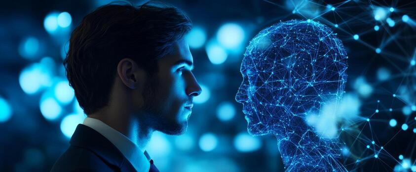 A businessman in profile contemplates the advancements of technology as he observes a digital representation of artificial intelligence. The atmosphere is rich with dark blue tones photo