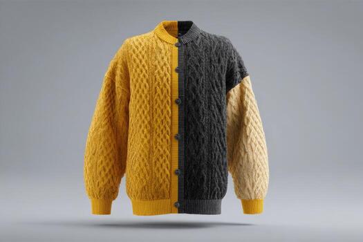 un único de punto suéter vitrinas un mezcla de amarillo y gris matices con intrincado cable patrones. Perfecto para estratificación en frio clima, esta diseño agrega un de moda toque a ninguna atuendo foto