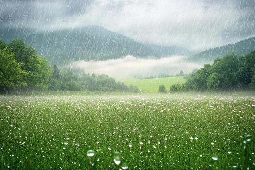 Raindrops are gently falling on a lush green meadow in the countryside. Soft mist blankets the hills in the background, creating a tranquil atmosphere. The scene evokes peace and natural beauty photo