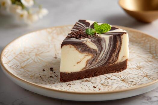 un rebanada de mármol tarta de queso se sienta esmeradamente en un decorativo lámina. el postre caracteristicas un Rico mezcla de chocolate y vainilla remolinos, coronado con un menta hoja. Fresco flores añadir encanto foto