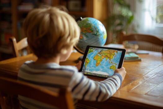 A young child sits at a wooden desk, focused on an interactive class about geography on a tablet. A globe nearby enhances the learning experience. Sunlight filters through a window photo