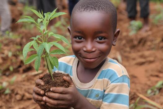 A young boy holds a small tree with roots in his hands, standing in a field where community members are engaged in planting. The atmosphere is filled with hope for the environment photo