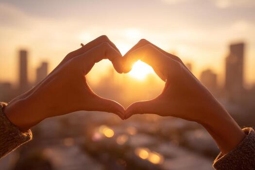 Hands create a heart shape against a vibrant sunset, capturing the suns glow amidst city buildings, conveying love and connection in an urban setting photo