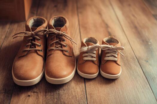 Two pairs of shoes are arranged on a wooden floor, highlighting the connection between a parent and child photo