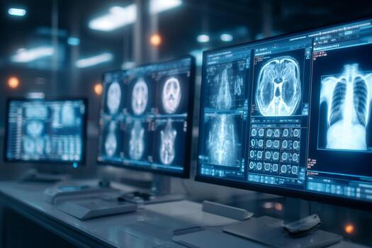 Inside a radiology lab, several monitors display intricate medical scans, including CT and MRI images. The advanced technology enhances diagnostic capabilities for healthcare professionals photo