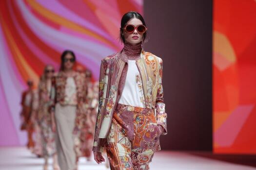 Models showcase a variety of striking outfits with intricate patterns and bright hues while walking the runway at a fashion event, highlighting contemporary trends photo