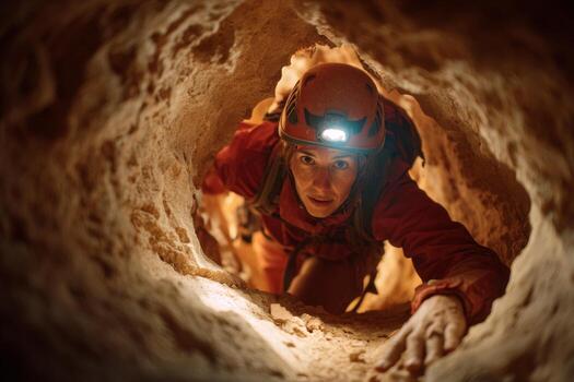 A person in a bright red suit navigates a tight cave passage illuminated by a headlamp. The setting exudes a sense of adventure and exploration in an underground environment photo