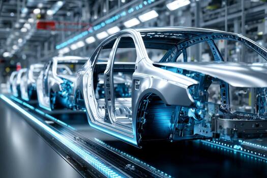 Sleek car frames move along an advanced assembly line in a high-tech manufacturing facility dedicated to electric vehicles, showcasing automation and innovation in production photo