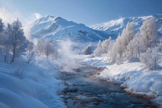 A tranquil winter landscape features a steaming river running through a valley of frost-covered trees with majestic mountains in the background under a clear blue sky photo