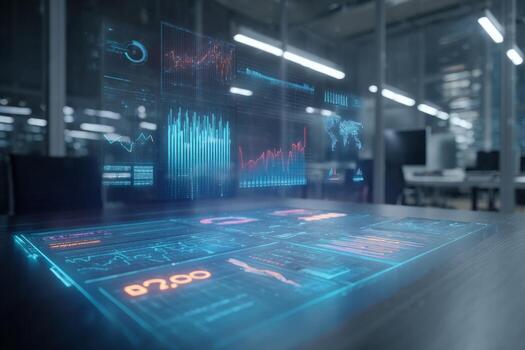 In a sleek corporate office, a holographic interface projects 3D charts and data over a wooden table, showcasing analytics and business metrics during a busy workday photo